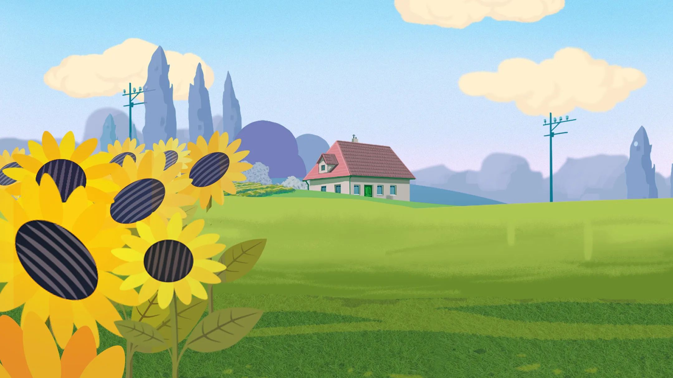 Зелена поляна на задньому фоні стара хата, на передньому ряд сонячників, яскраво-голубе небо з хмарками